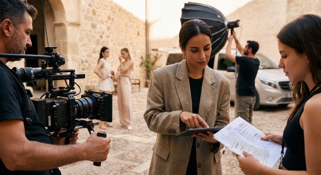 Director reviewing a tablet on set with camera crew and production team